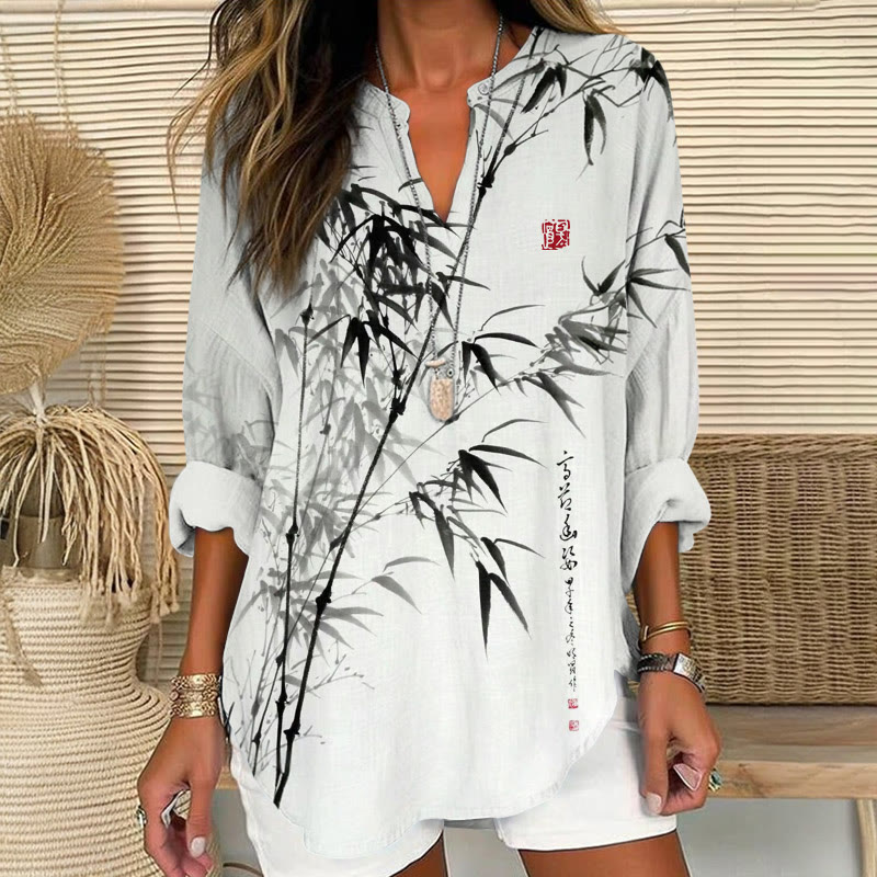 Oriental Bamboo Leaves Pattern Print V Neck Long Sleeve Blouse - Light Gray - 8XL - image 1