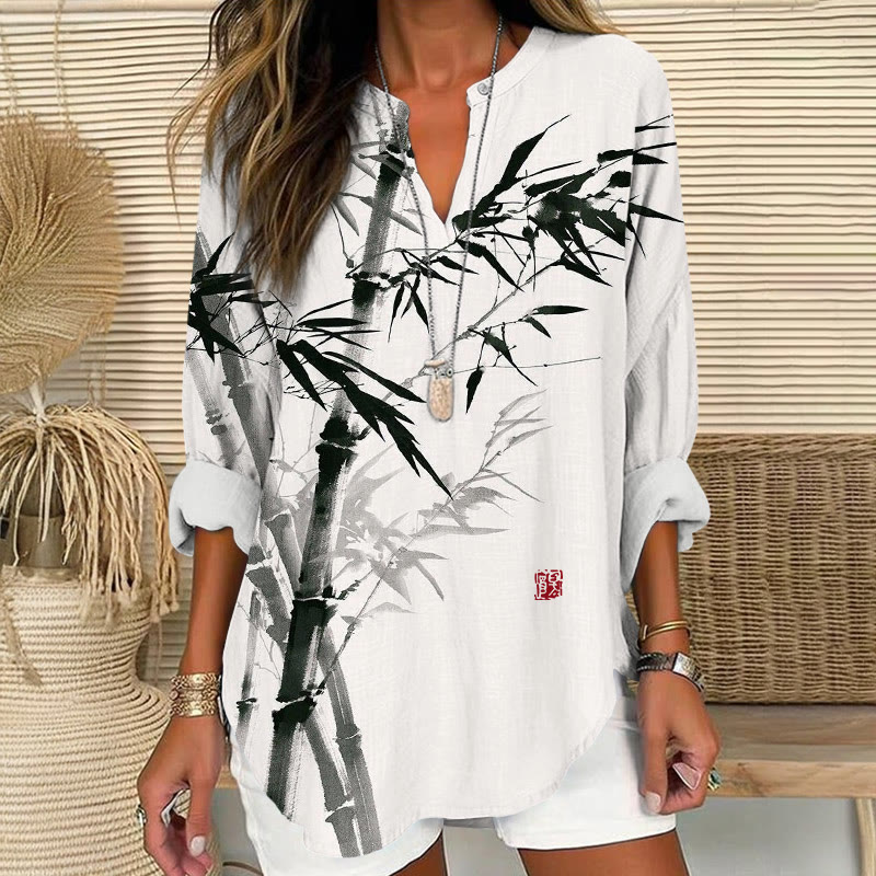 Vintage Ink Bamboo Zen Pattern Print V Neck Long Sleeve Blouse - White - 8XL - image 1