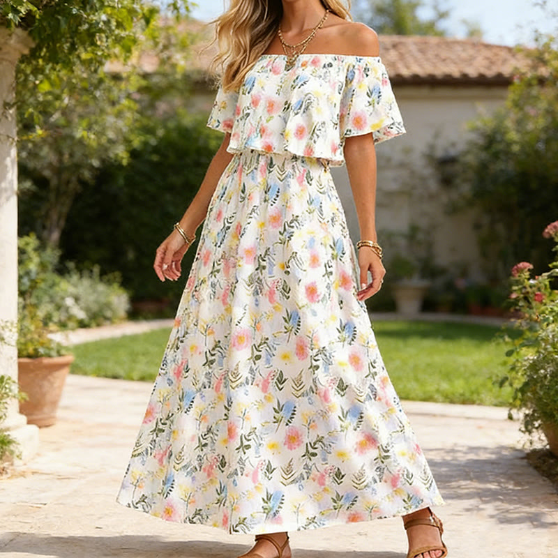 Elegant Watercolor Floral Print Off-the-shoulder Short-sleeve Maxi Dress - White - 3XL - image 1
