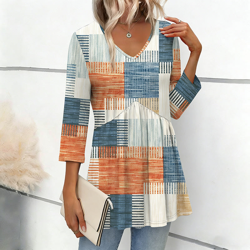 Casual Ethnic Geometric Color-block Print Long-sleeve V-neck T-shirt - image 2