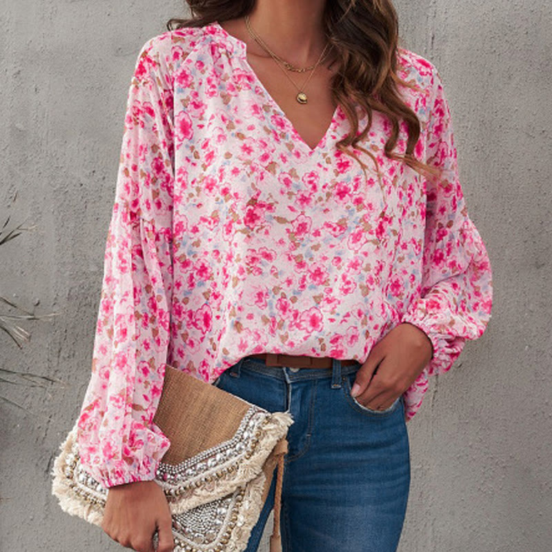 Pastoral Romantic Floral Print V-neck Long-sleeve Blouse - Pink - US24-26(3XL) - image 1