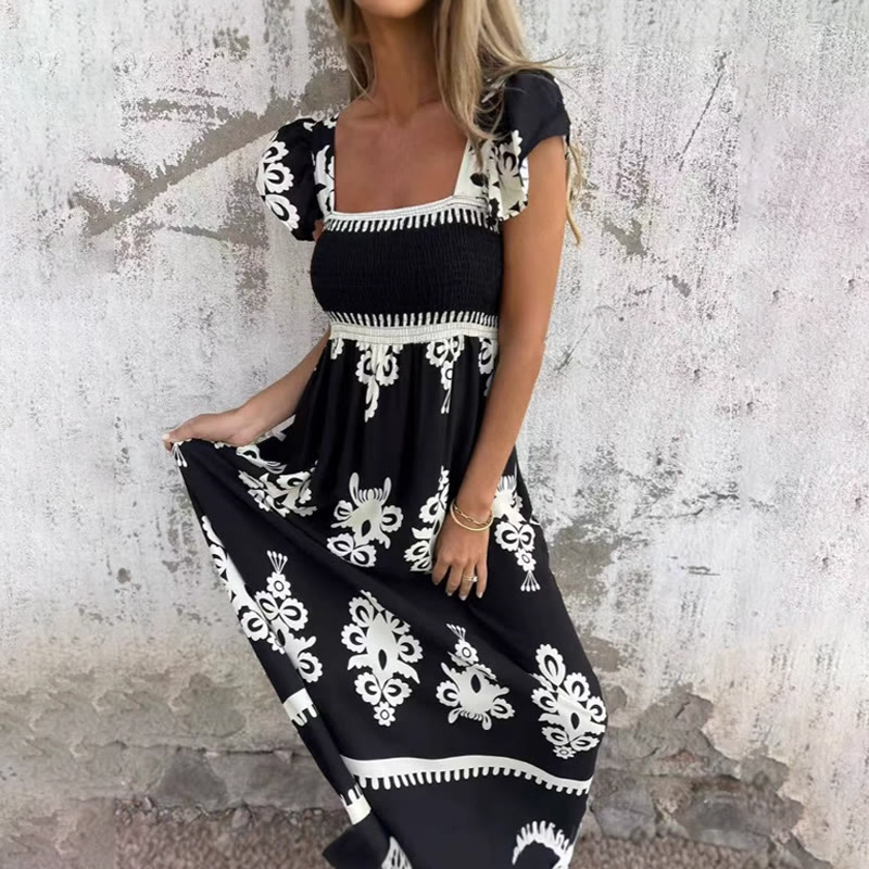 Boho Beach Ethnic Print Ruffled Strappy Maxi Dress - Black - 3XL - image 1