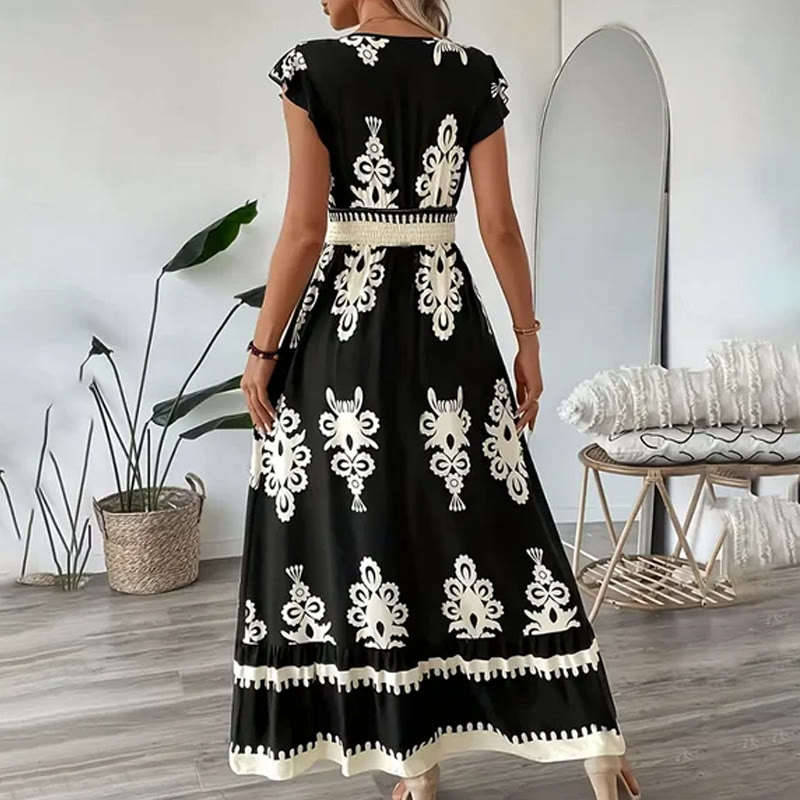 Boho Beach Ethnic Print V Neck Cap Sleeve Maxi Dress - image 2