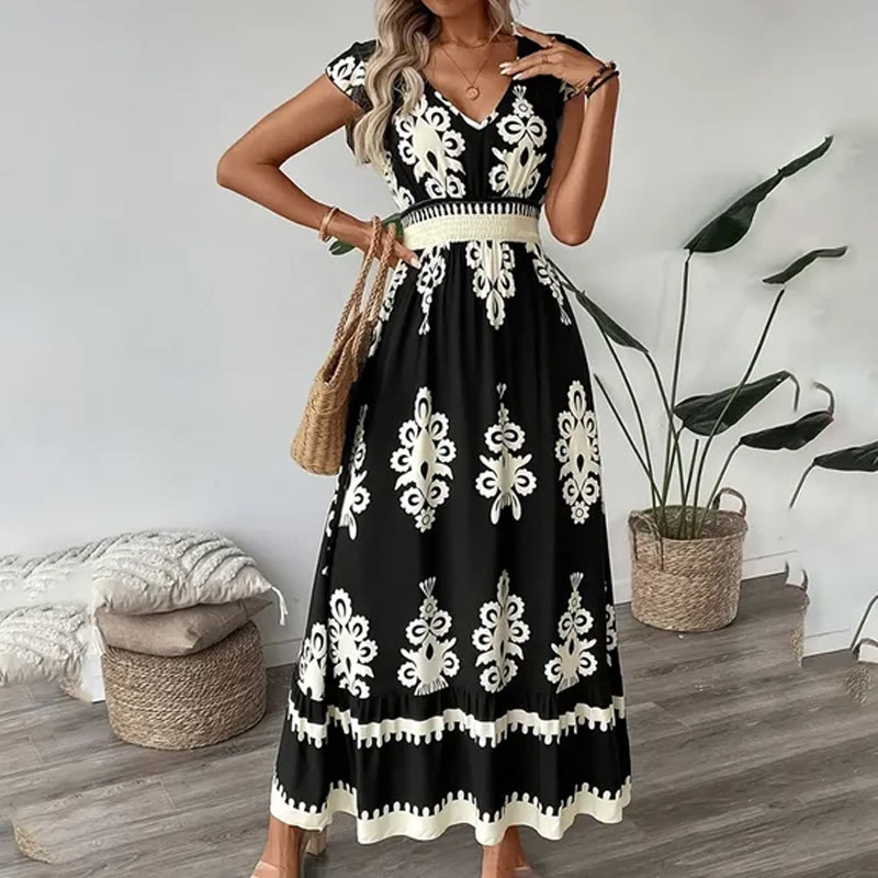 Boho Beach Ethnic Print V Neck Cap Sleeve Maxi Dress - Black - 2XL - image 1