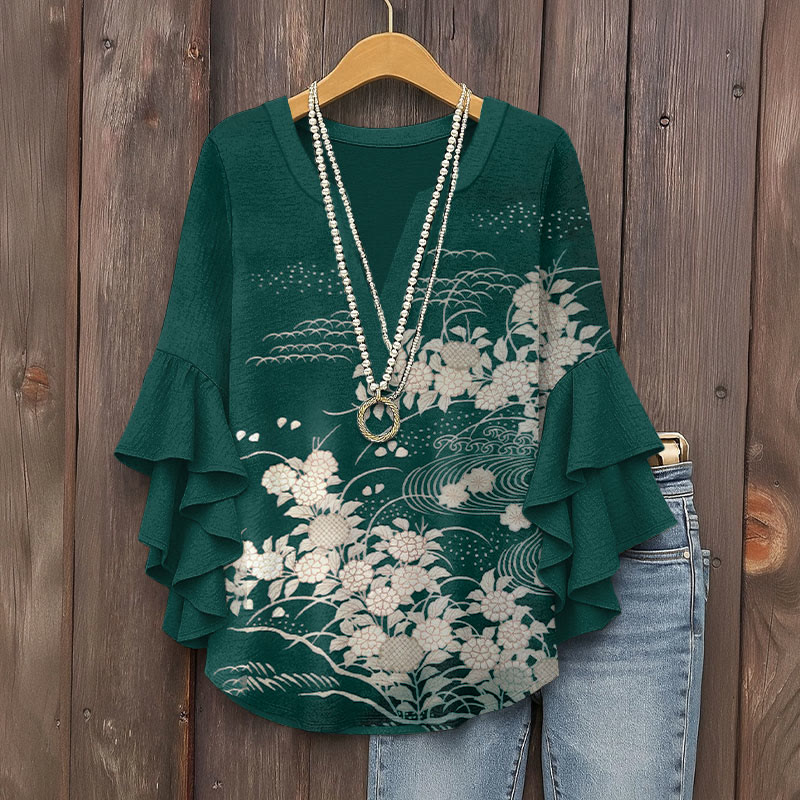 Japanese Traditional Indigo-dyed Floral Pattern Print V-neck Half Sleeve Blouse - Green - 5XL - image 2