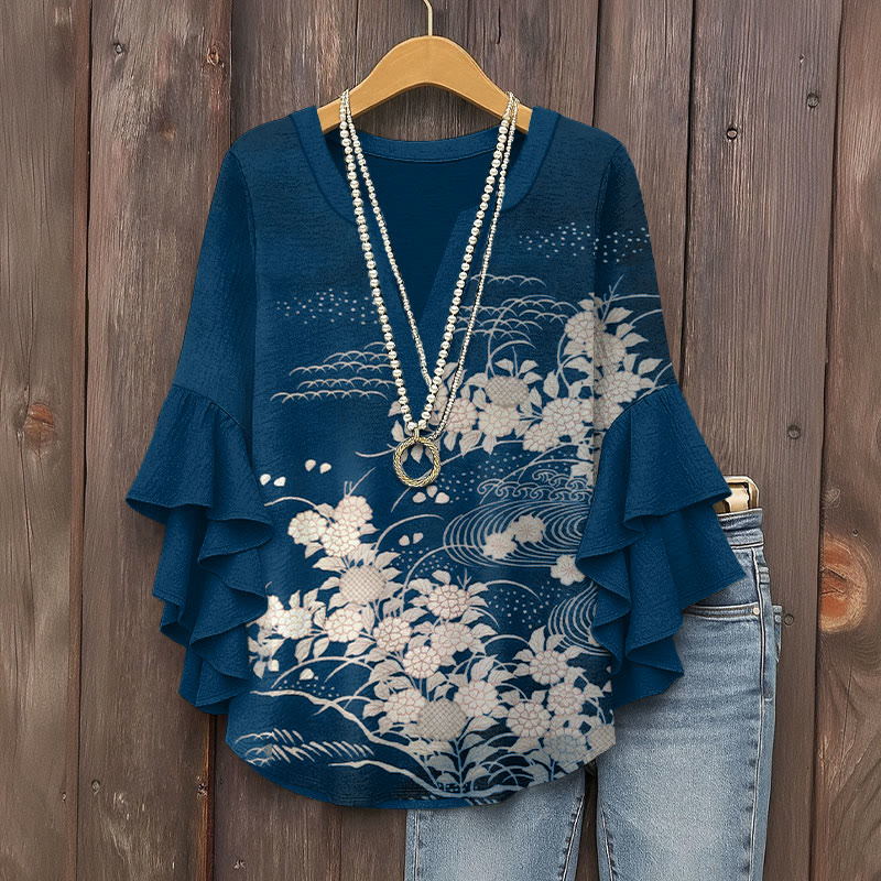 Japanese Traditional Indigo-dyed Floral Pattern Print V-neck Half Sleeve Blouse - Blue - 5XL - image 1