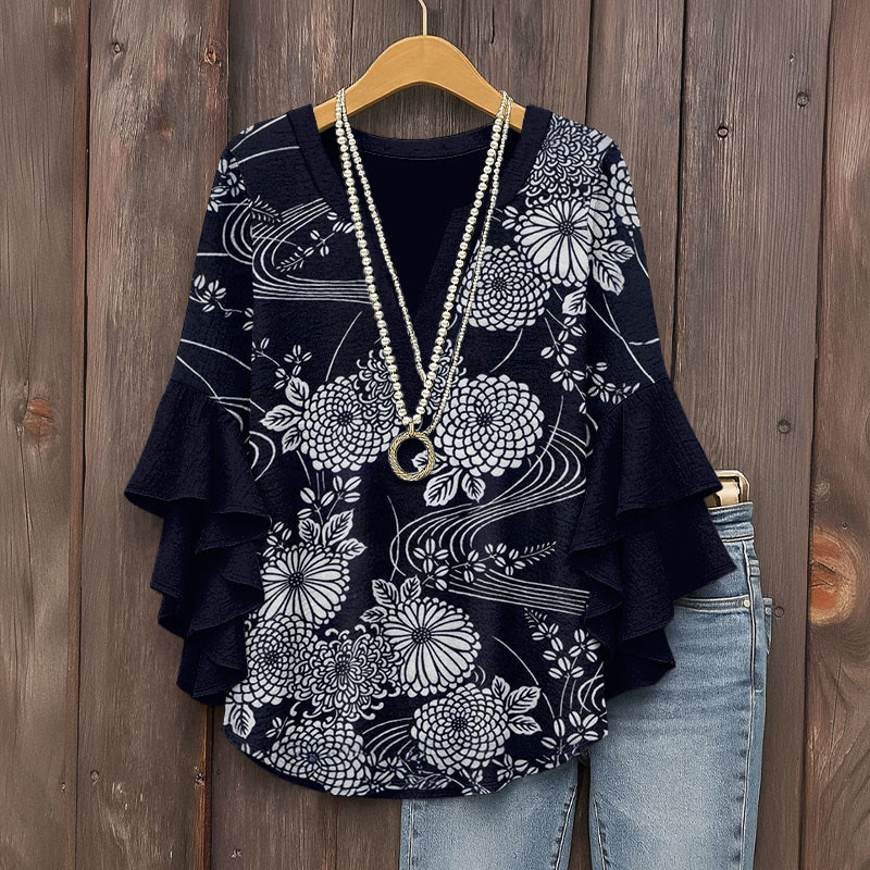 Japanese Chrysanthemum Traditional Indigo-dyed Pattern Print V-neck Half Sleeve Blouse - Black - 5XL - image 2