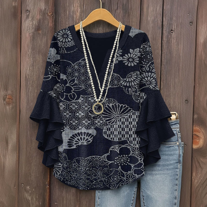 Japanese Sakura Kimono Traditional Indigo-dyed Pattern Print V-neck Half Sleeve Blouse - Black - 5XL - image 2