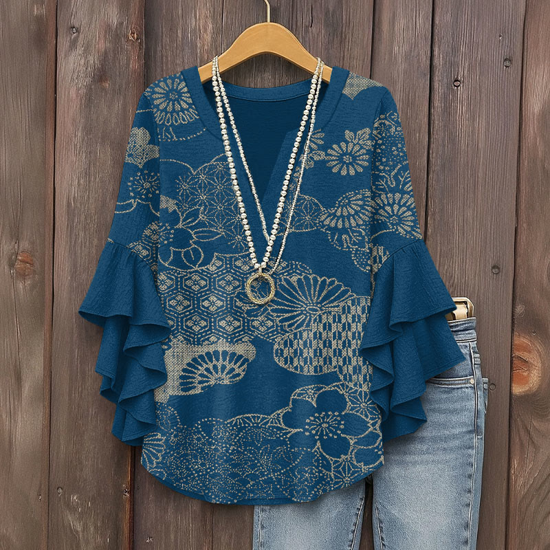 Japanese Sakura Kimono Traditional Indigo-dyed Pattern Print V-neck Half Sleeve Blouse - Blue - 5XL - image 1