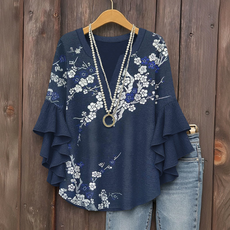 Japanese Sakura Traditional Indigo-dyed Pattern Print V-neck Half Sleeve Blouse - Blue - 5XL - image 1