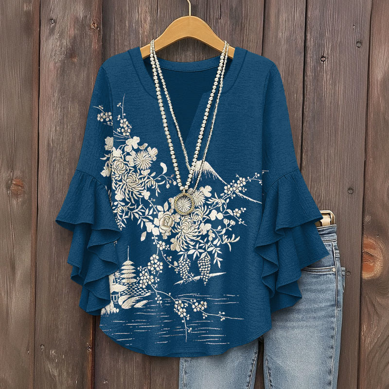 Japanese Mount Fuji And Floral Indigo-dyed Pattern Print V-neck Half Sleeve Blouse - Blue - 5XL - image 2