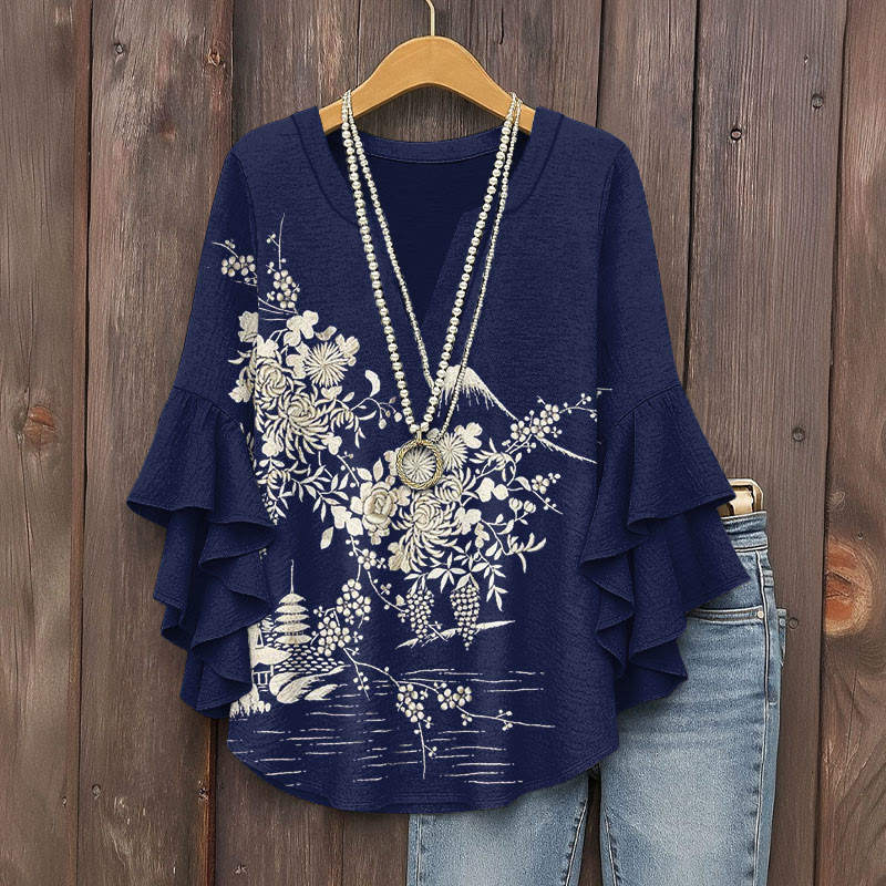 Japanese Mount Fuji And Floral Indigo-dyed Pattern Print V-neck Half Sleeve Blouse - Navy Blue - 5XL - image 1