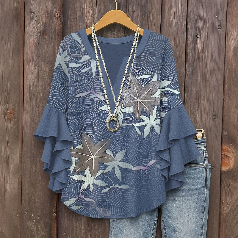 Japanese Traditional Maple Leaf And Water Ripple Pattern Print V-neck Half Sleeve Blouse - Light Blue - 5XL - image 1