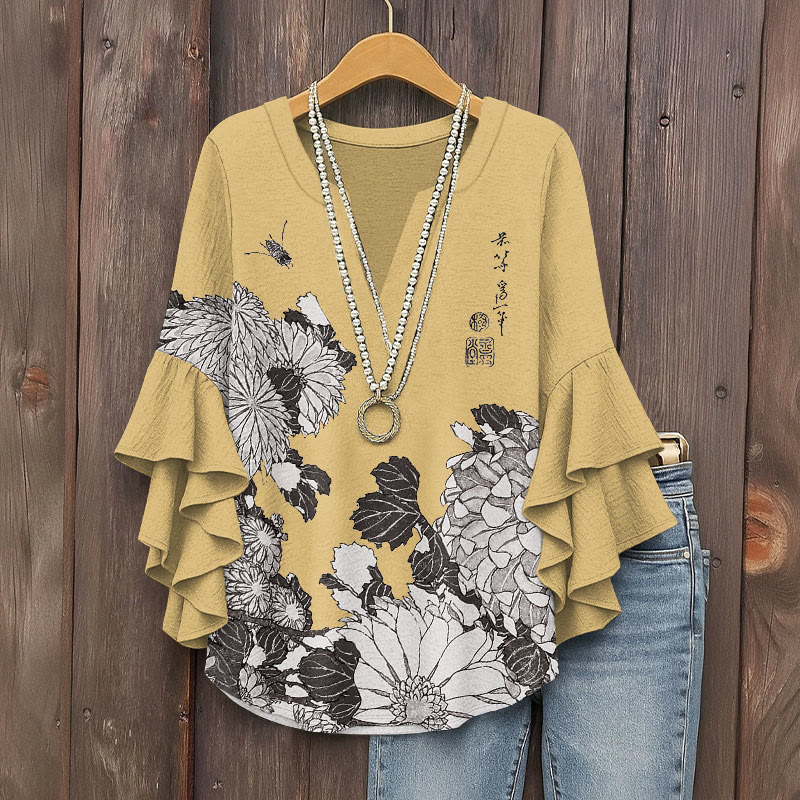 Japanese Classical Chrysanthemum Kimono Pattern Print V-neck Half Sleeve Blouse - Yellow - 5XL - image 2