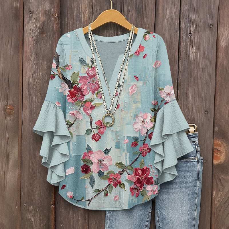 Artistic Floral Print V-neck Half Sleeve Blouse - Blue - 5XL - image 1