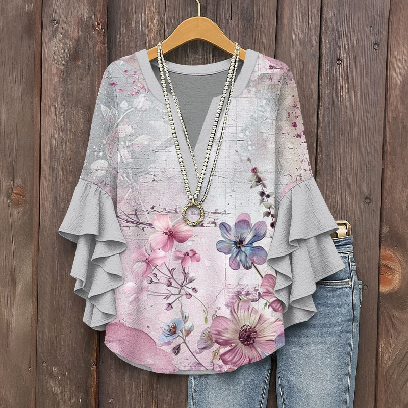 Vintage Floral Print V-neck Half Sleeve Blouse - Grey - 5XL - image 1