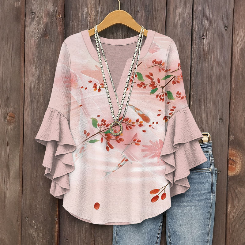 Flowers And Koi Print V-neck Half Sleeve Blouse - Pink - 5XL - image 1