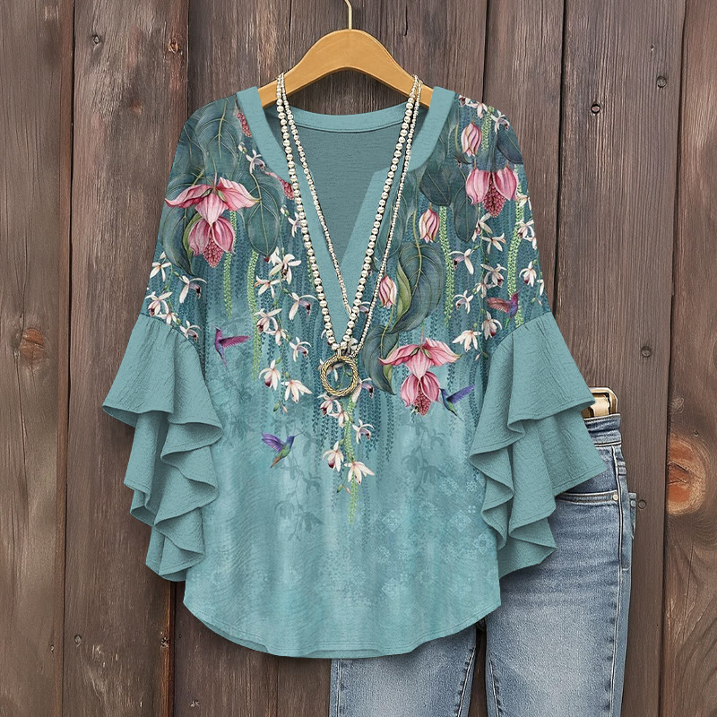 Romantic Flowy Floral Print V-neck Half Sleeve Blouse - Blue - 5XL - image 1