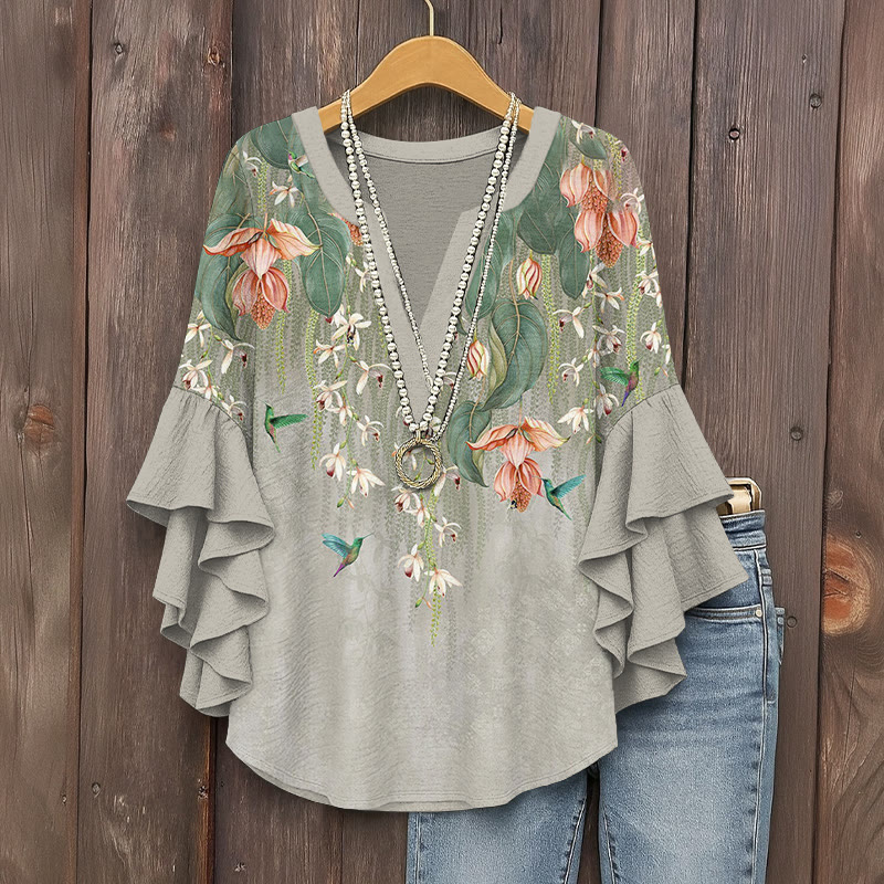 Romantic Flowy Floral Print V-neck Half Sleeve Blouse - Khaki - 5XL - image 2