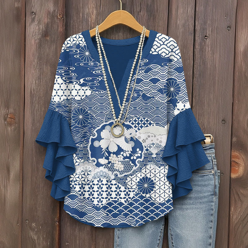 Japanese Retro Floral Print V-neck Half Sleeve Blouse - Blue - 5XL - image 1