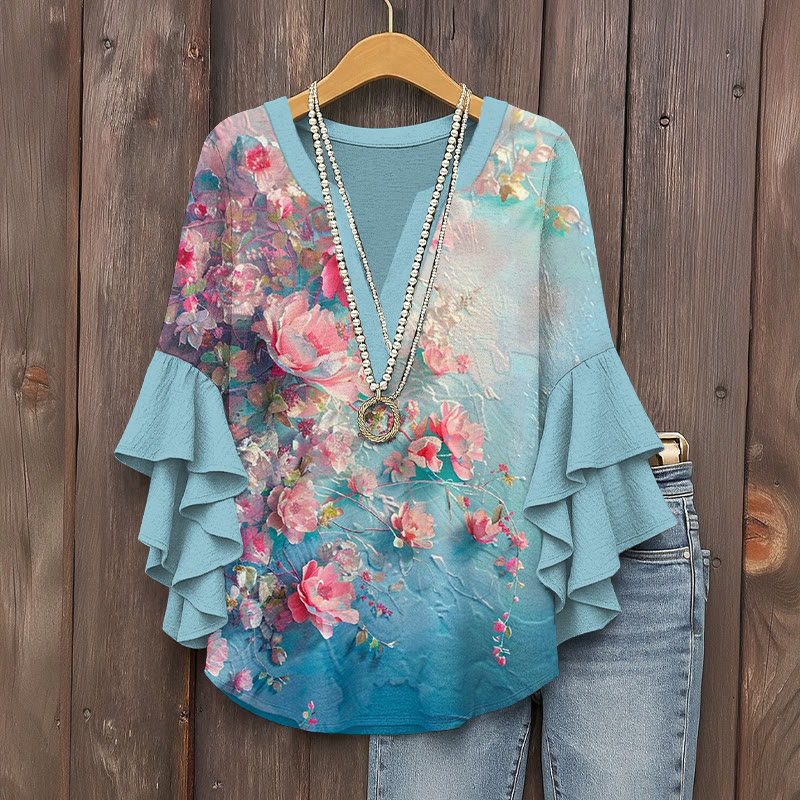 Oil Painting Style Floral Print V-neck Half Sleeve Blouse - Blue - 5XL - image 1