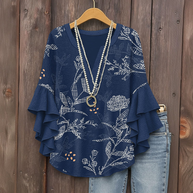 Japanese Vintage Floral Print V-neck Half Sleeve Blouse - Blue - 5XL - image 1