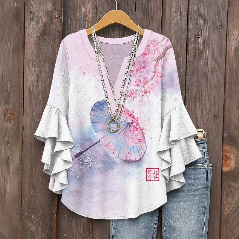 Japanese Art Retro Floral Print V-neck Half Sleeve Blouse - Pink - 5XL - image 1