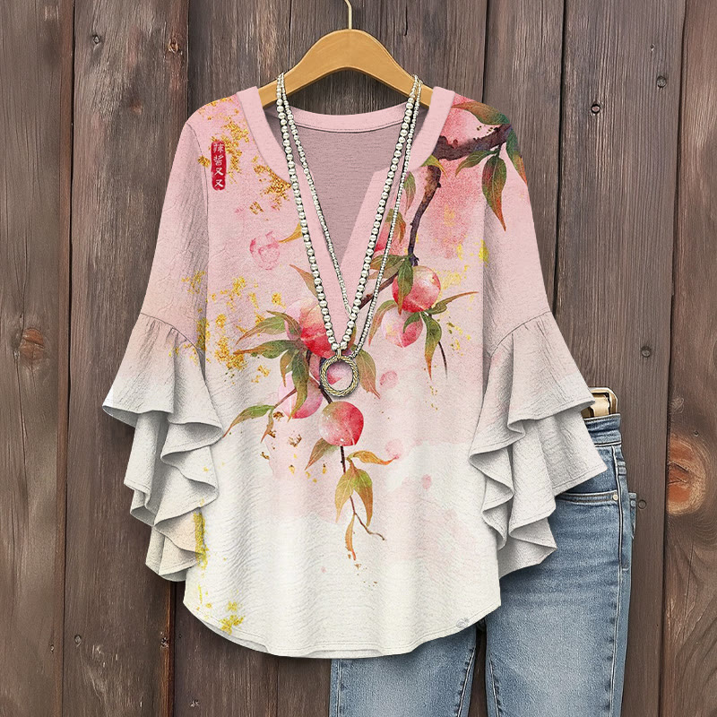Japanese-style Peach Print V-neck Half Sleeve Blouse - Pink - 5XL - image 1