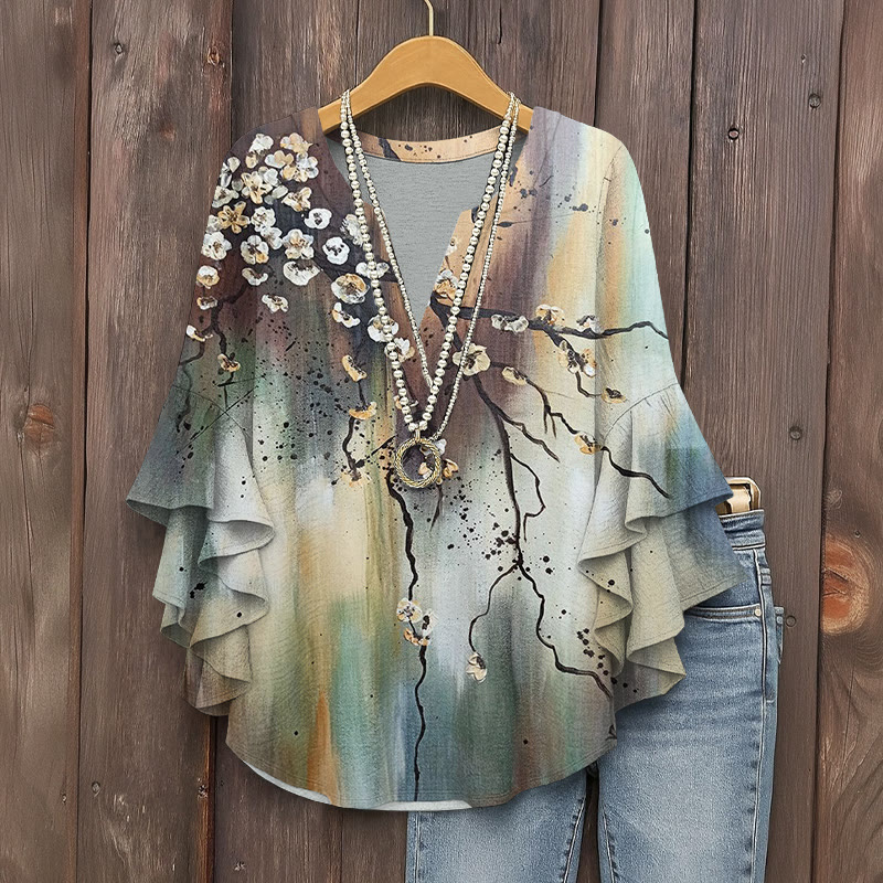 Casual Women Floral Print V-neck Half Sleeve Blouse - Brown - 5XL - image 1