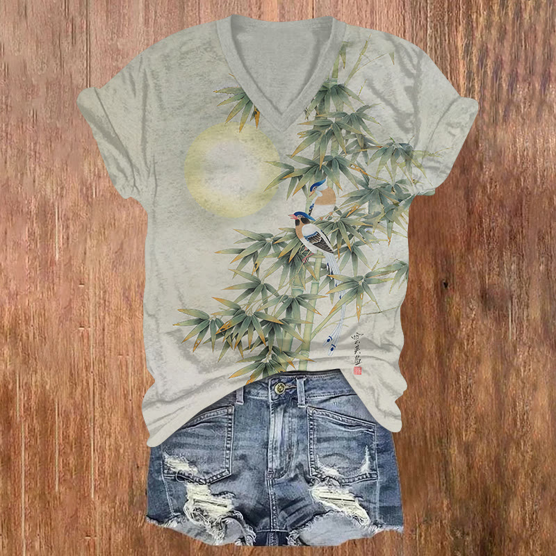 Oriental-inspired Bamboo & Bird Print Short Sleeved V-neck T-shirt - Grey - US32-34(5XL) - image 1