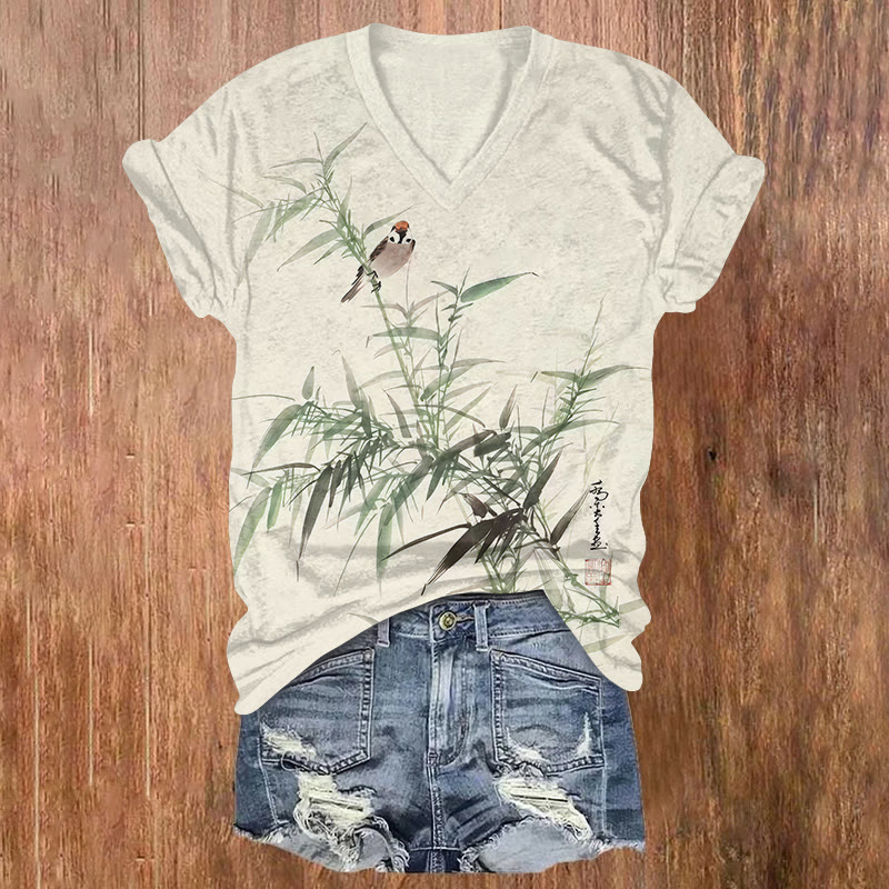 Bamboo Bird Print Short Sleeved V-neck T-shirt - Apricot - US32-34(5XL) - image 1