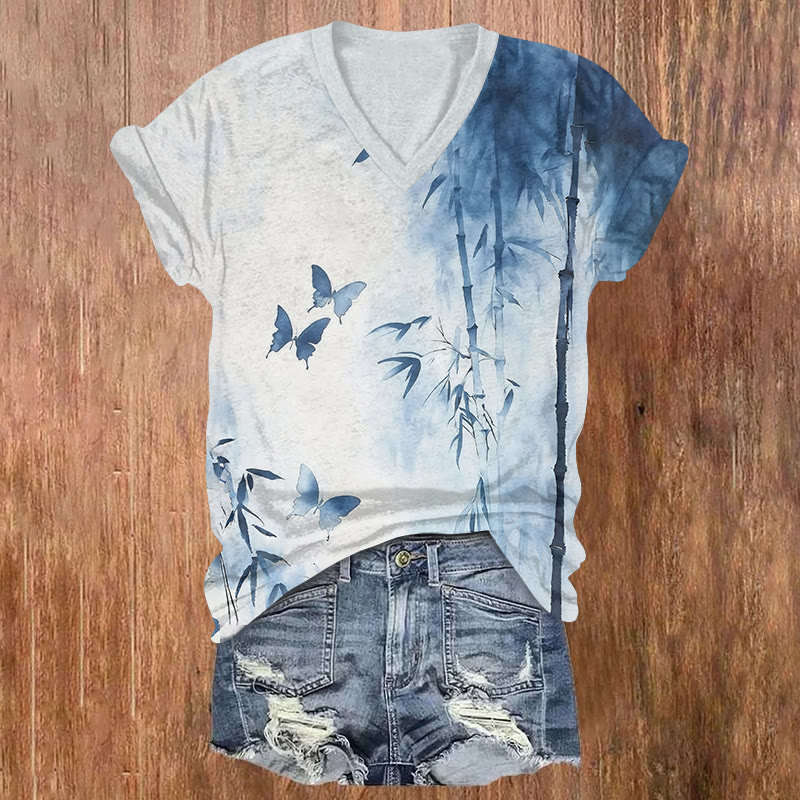 Oriental-Inspired Bamboo & Butterfly Print Short Sleeved V-neck T-shirt - Blue - US32-34(5XL) - image 1