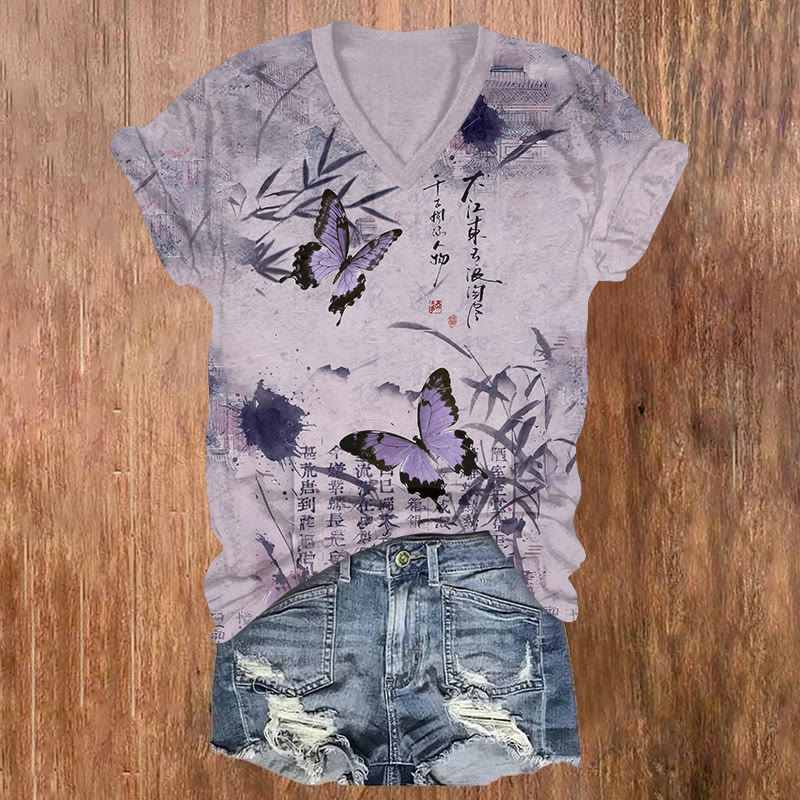 Vintage Bamboo Butterfly Print Short Sleeved V-neck T-shirt - Purple - US32-34(5XL) - image 1