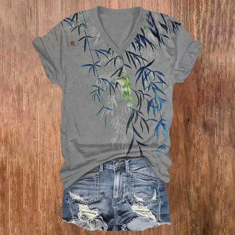 Artistic Bamboo & Frog Print Short Sleeved V-neck T-shirt - Grey - US32-34(5XL) - image 1