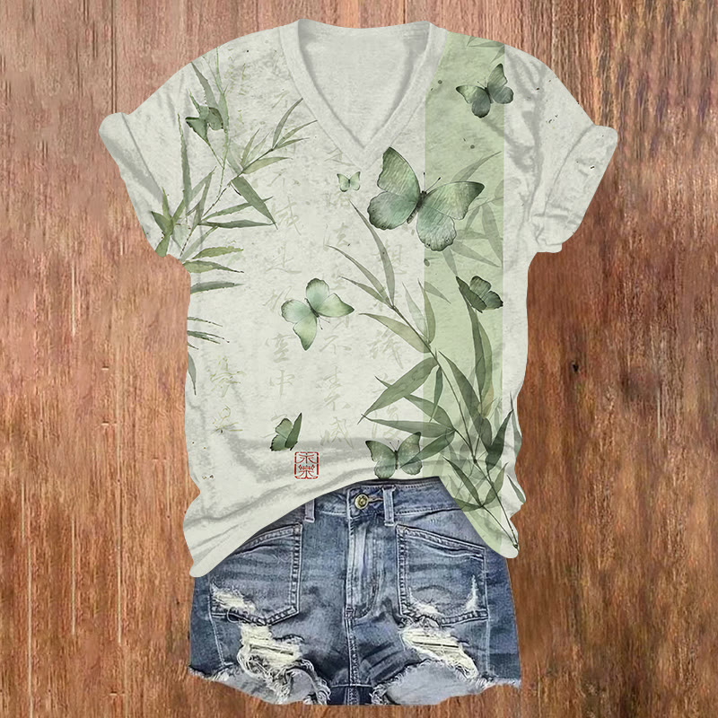 Vintage Style Bamboo Butterfly Print Short Sleeved V-neck T-shirt - White - US32-34(5XL) - image 1