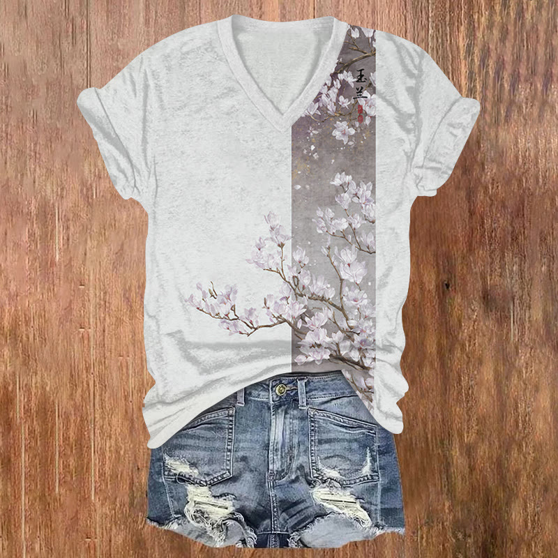 Japanese Floral Art Print Short Sleeved V-neck T-shirt - Grey - US32-34(5XL) - image 1