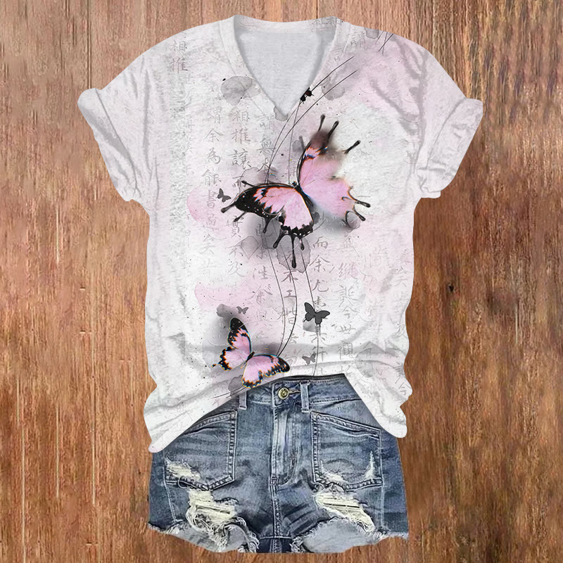 Oriental Butterfly Print Short Sleeved V-neck T-shirt - White - US32-34(5XL) - image 1