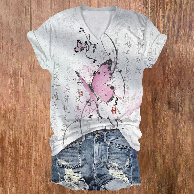 Japanese Artistic Butterfly Kanji Print Short Sleeved V-neck T-shirt - White - US32-34(5XL) - image 1