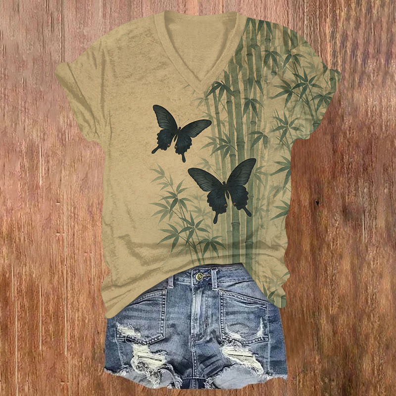 Artistic Bamboo and Butterfly Print Short Sleeved V-neck T-shirt - Yellow - US32-34(5XL) - image 1