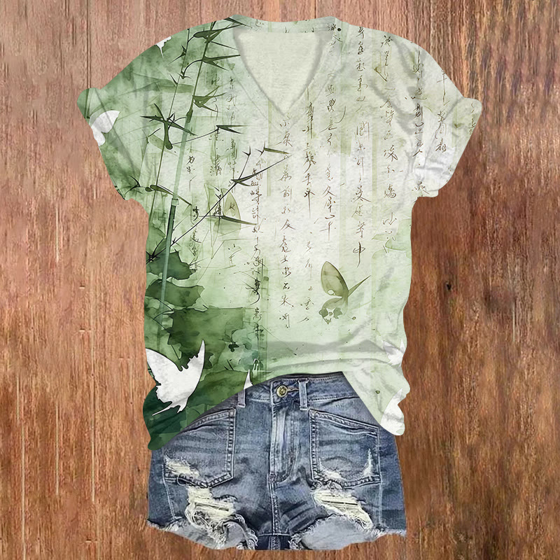 Vintage Asian Style Bamboo Print Short Sleeved V-neck T-shirt - Green - US32-34(5XL) - image 1