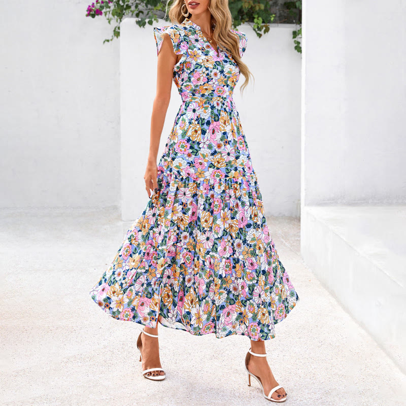 Hippie Vacation Wildflower Print V-neck Ruffle Sleeves Maxi Dress - image 2