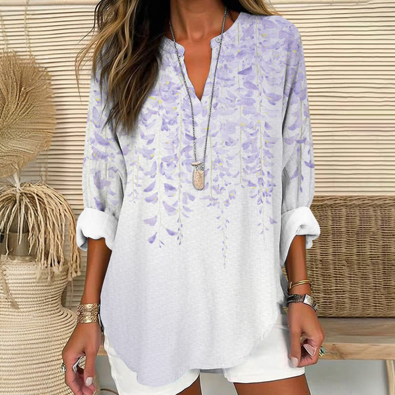 Elegant Watercolor Wisteria Gradient Pattern Print V Neck Long Sleeve Blouse - White - 8XL - image 1