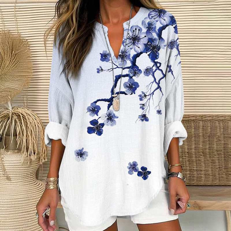 Elegant Falling Cherry Blossoms Gradient Pattern Print V Neck Long Sleeve Blouse - White - 8XL - image 1