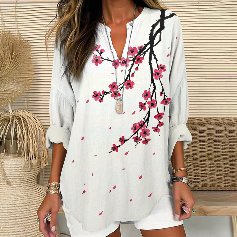 Japanese Cherry Blossoms Falling Pattern Print V Neck Long Sleeve Blouse - White - 8XL - image 1