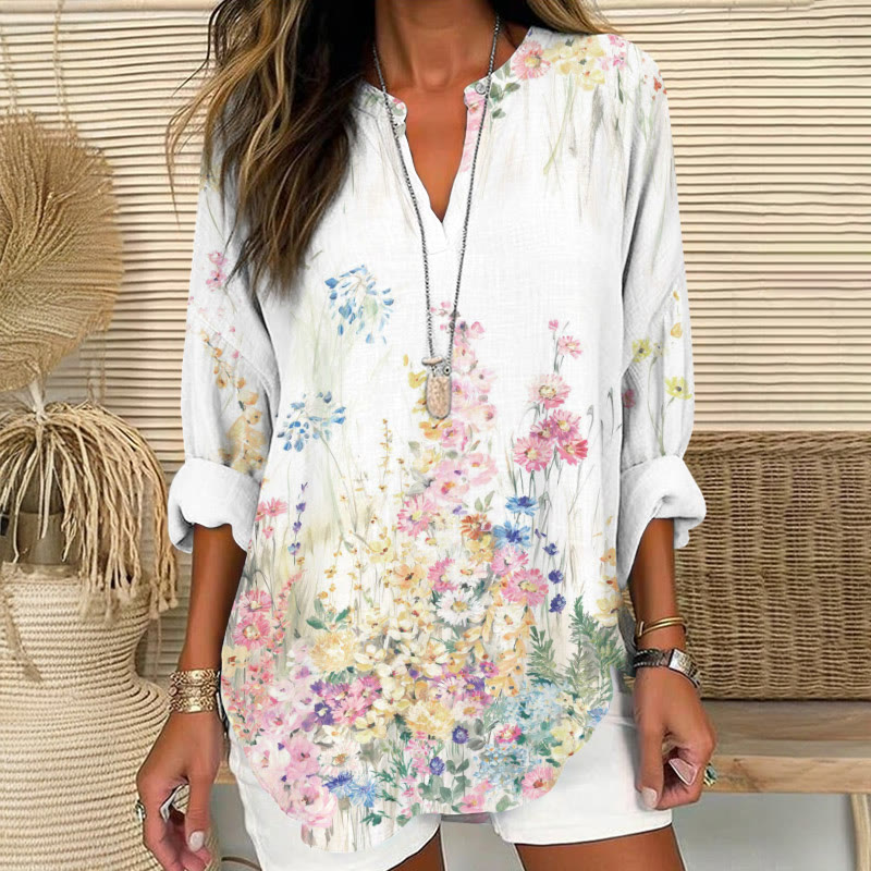 Romantic Watercolor Wildflowers Pattern Print V Neck Long Sleeve Blouse - White - 8XL - image 1