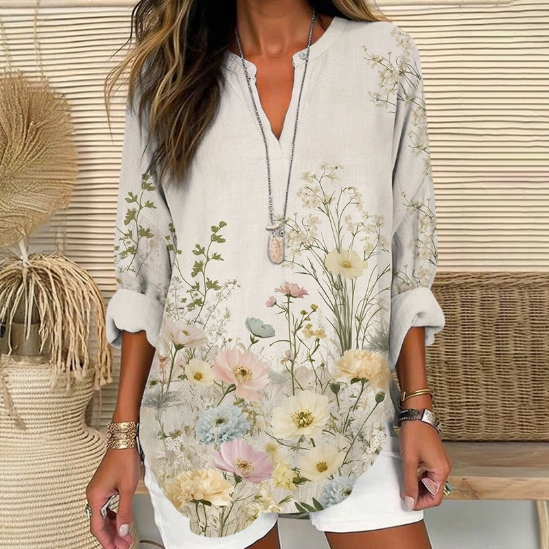 Vintage Wildflowers Pattern Print V Neck Long Sleeve Blouse - Apricot - 8XL - image 1