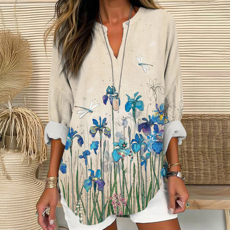 Vintage Hippie Wildflowers And Dragonflies Pattern Print V Neck Long Sleeve Blouse - Apricot - 8XL - image 1