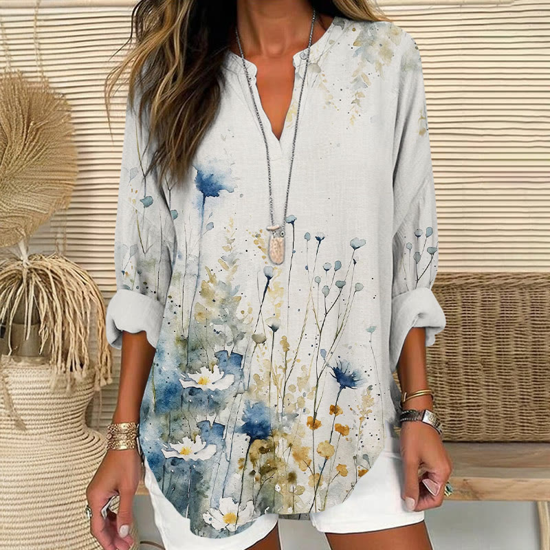 Elegant Wildflower Watercolors Pattern Print V Neck Long Sleeve Blouse - Light Gray - 8XL - image 1