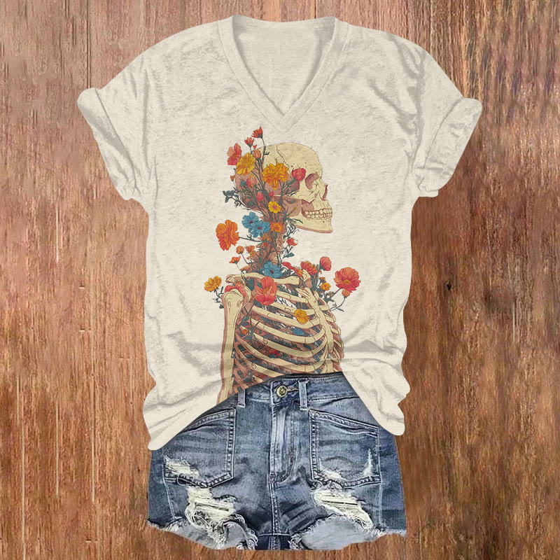 Floral Skull Print Short Sleeved V-neck T-shirt - Apricot - US32-34(5XL) - image 1