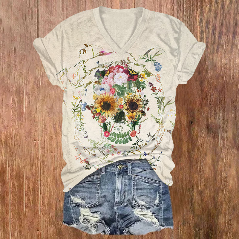 Floral Skull Art Print Short Sleeved V-neck T-shirt - Apricot - US32-34(5XL) - image 1